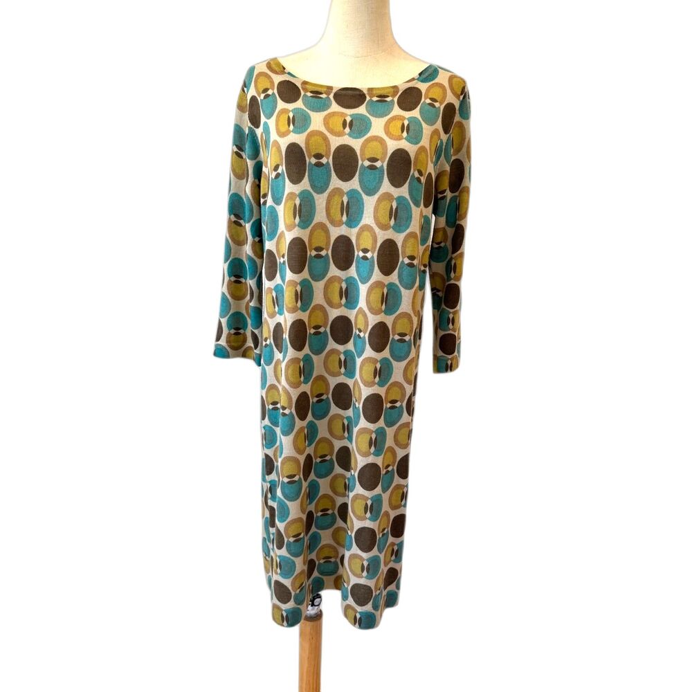 Boden Knit Dress Geometric Retro Print Shift 3/4 Sleeves Size 12 100% Wool